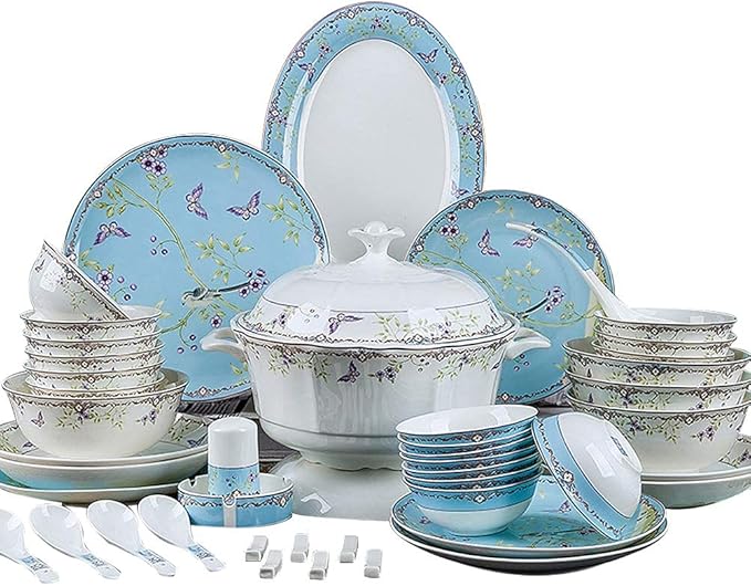 65 pcs Dinnerware Set Serves for 10 People Line Drawing Decoration Bone China Tableware SetPremium Quality Porcelain Dishes/Plate/BowlDishwasher &amp Microwave SafeBlue (60pcs Serves for 10)