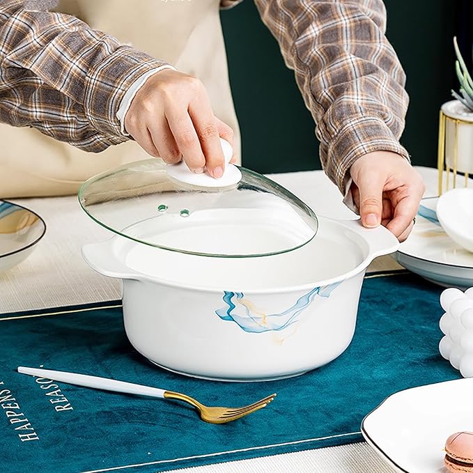 Simple Dining Ware Set 49 Pieces Bowl and Plate Set Dishes Set for 12 Wear Resistant and Scratch Resistant Dinnerware Sets Heat Insulation Anti-Scald Bakeable and Microwavable Easy to Heat Up