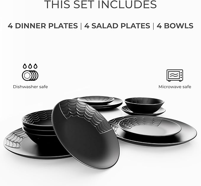 Nomnu Spiderweb Dinnerware Set (12 Pieces) - 4 Dinner Plates 4 Salad Plates 4 Bowls - Black Matte Porcelain Goth Dinnerware Set - Halloween Spooky Creepy Dishes Gothic Gifts