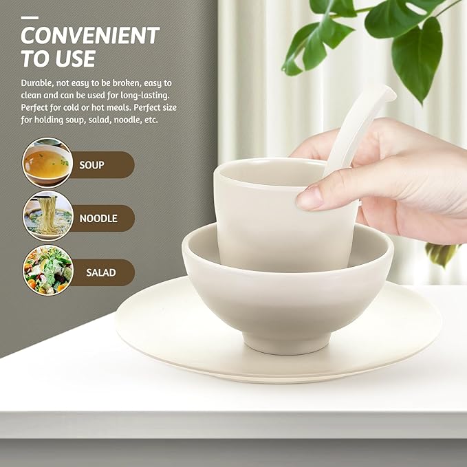 Unbreakable Dinnerware Set 4pcs Soup Rice Bowl Cup Plate Kit Matte Light Beige Melamine Tableware for Kitchen and Dining Anti-fall Lightweight Bowls and Plates for Family Use
