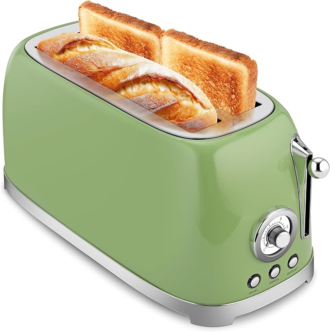 SUSTEAS Toaster 4 Slice Wide Slot Stainless Steel Bread Bagel Toasters Retro Long Slot Tostadora for Defrost Reheat Removable Crumb Tray 1500W 6 Browning Settings Green