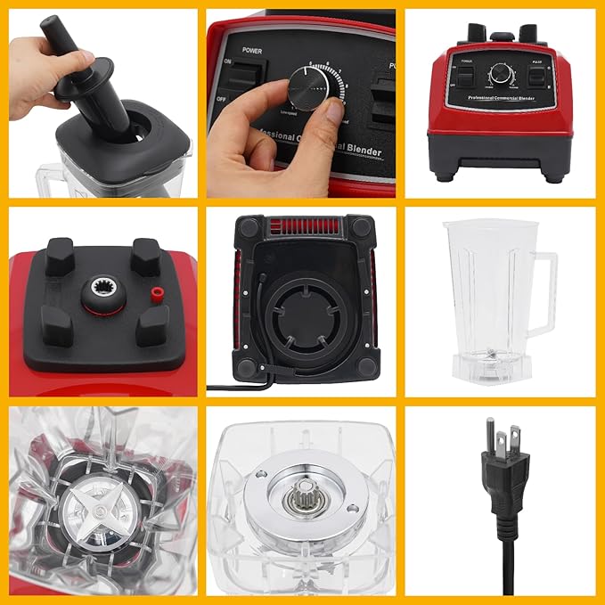 Smoothie Machine w/Mixing Stick 2L/2.11Qt 2200W Milkshake Blending Machine 6-blade 10-gear Speed Grain Grinder Tabletop Automatic Sauce Mixer Commercial/Home Ice Crusher 7 * 8.3 * 17.5in Red