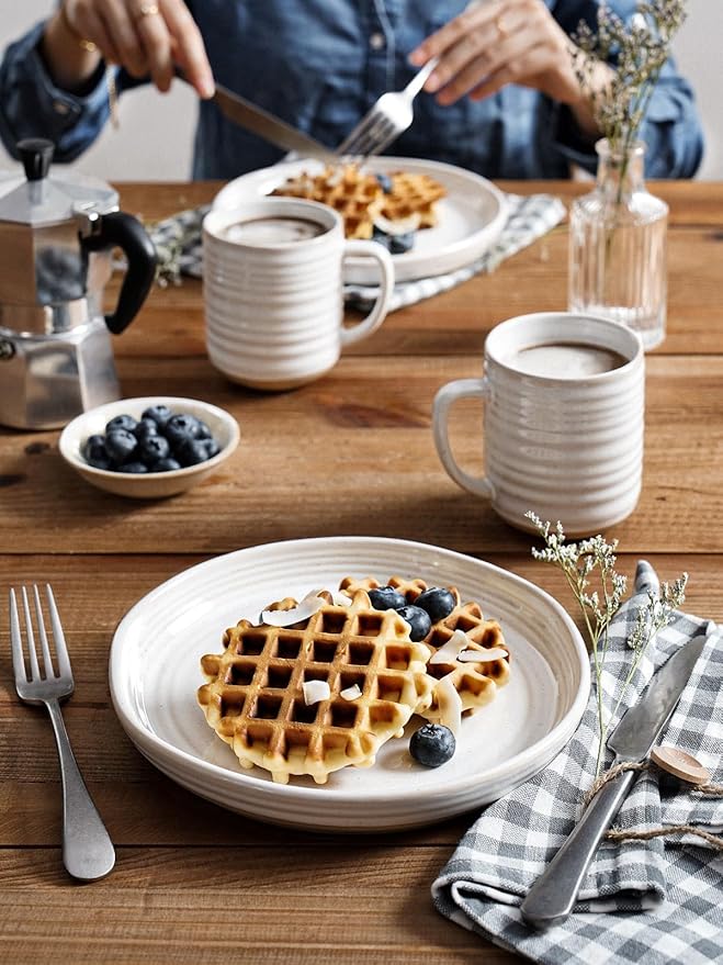 LE TAUCI Dinnerware Sets 16 PCS Stoneware Plates and Bowls Set House Warming Wedding Present Serve for 4 (10 Dinner Plates + 8 Salad Dish + 28 oz Cereal Bowl+12oz coffee mugs) x 4 Arctic White
