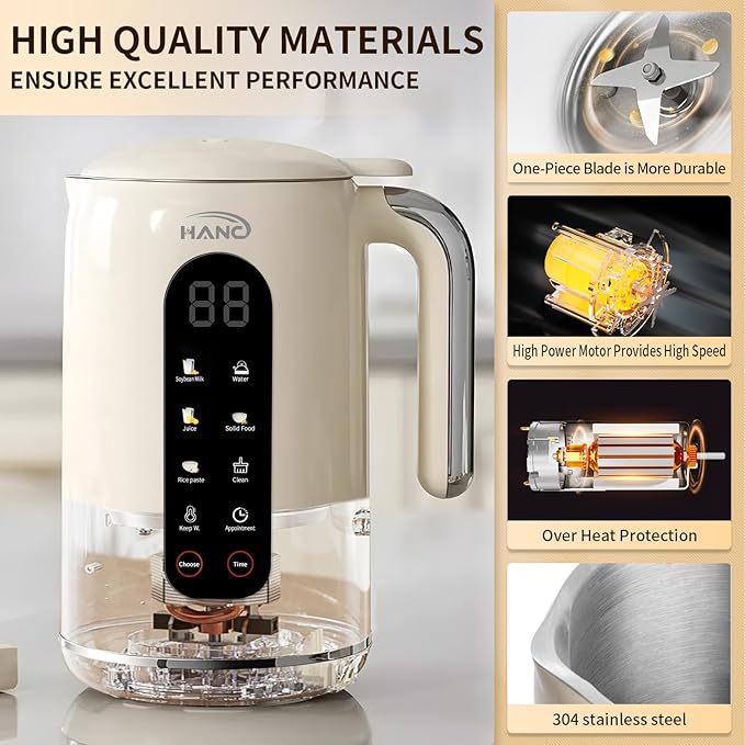 HANC 42oz Nut Milk Maker Machine 8 in 1 Silent Automatic Soy Milk Maker Homemade Soy Milk Oat Puree Almond Milk Maker with Delay Start/Keep Cream Warm/Boil Water/Self-Cleaning Cream