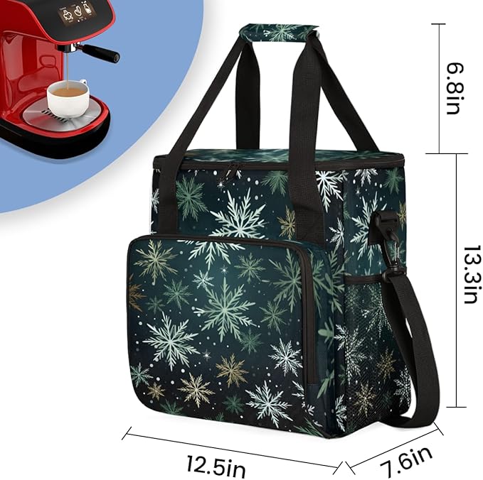 Xmas Snowflakes Coffee Maker Carrying Bag Magical Snowflakes Travel Storage Bag Compatible with K-Mini or K-Mini Plus Single Serve Coffee Brewer Carrying Case with Multiple Pockets &amp Shoulder St