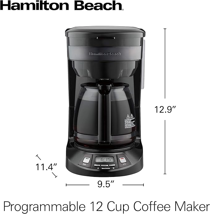 Hamilton Beach 12 Cup Programmable Drip Coffee Maker Machine Regular &amp Bold Brew Options Auto Pause and Pour Glass Carafe Black Stainless (46293J)