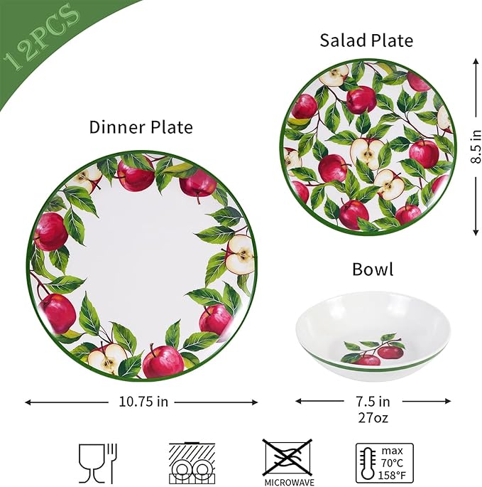 Melamine Dinnerware Set for 4 Apple Plates and Bowls Set 12pcs Melamine Dish Set with Green Edge Elegant Kitchen Dishes Lightweight Tableware for Picnic Camping RV Dishwasher Safe
