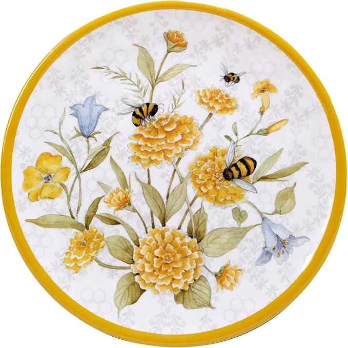Unknown1 Bee Sweet 12-Piece Dinnerware Set Service for 4 Multi Color Off/White Yellow Floral Country Round 12 Piece Dishwasher Safe