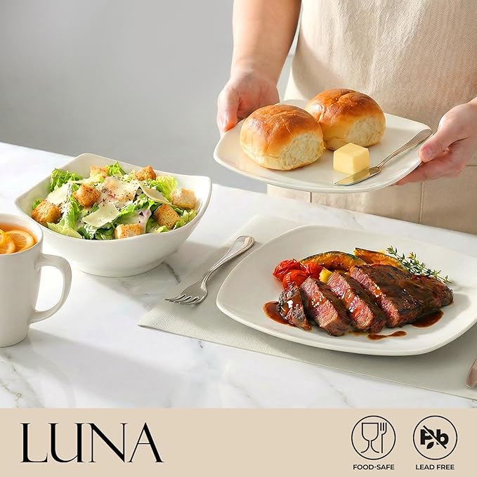 Zulay Kitchen Luna Plates and Bowls Sets 16 Piece Modern Porcelain Dish Set for 4 Chip and Scratch Resistant Square Dinnerware Set Microwave and Dishwasher Safe Pearl White