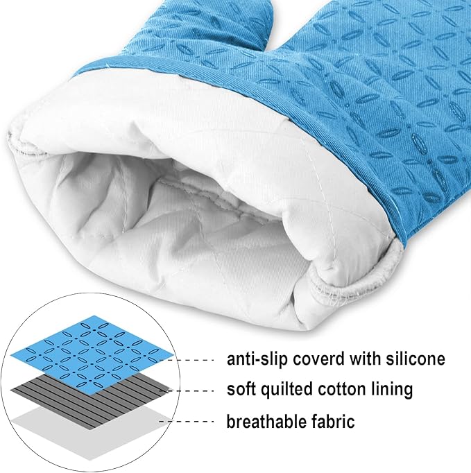 KEGOUU Oven Mitts and Pot Holders 6pcs Set Kitchen Oven Glove High Heat Resistant 500 Degree Extra Long Oven Mitts and Potholder with Non-Slip Silicone Surface for Cooking (Sky Blue)