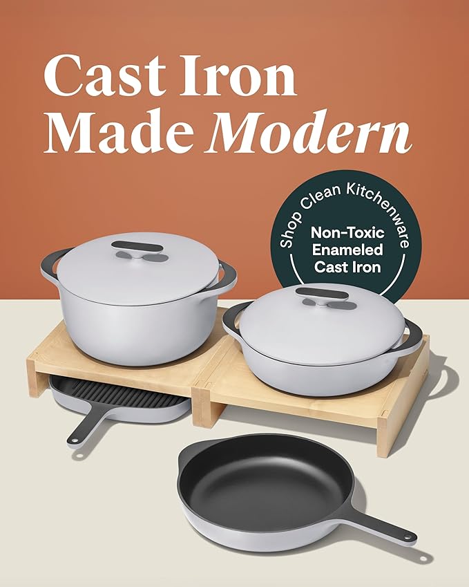Caraway 8-Piece Enameled Cast Iron Set - 10.5” Skillet Grill Pan 3.5 qt Braiser Pan 6.5 qt Dutch Oven with Lid and Organizers - Non-Toxic 3-Layer Enamel Coating - No Seasoning Required - Gray