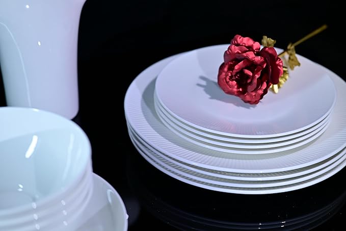 Dandilion Bone China Dinnerware Set 16 Pieces Service for 4 Plates Dishes Bowls Set Microwave and Dishwasher Safe Ivory White with Radial Lines