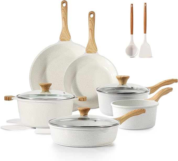SENSARTE Ceramic Nonstick Cookware Set 17 Piece includes 8 Inch Omelet Pan with Lid Induction Compatible Frying Pan Skillet