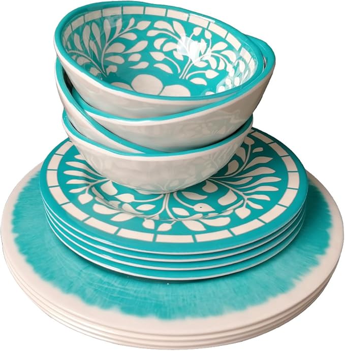 Melamine Dinnerware Sets -12 Piece Plates and Bowls Set for Indoor and Outdoor Use LightweightTeal colorGreen