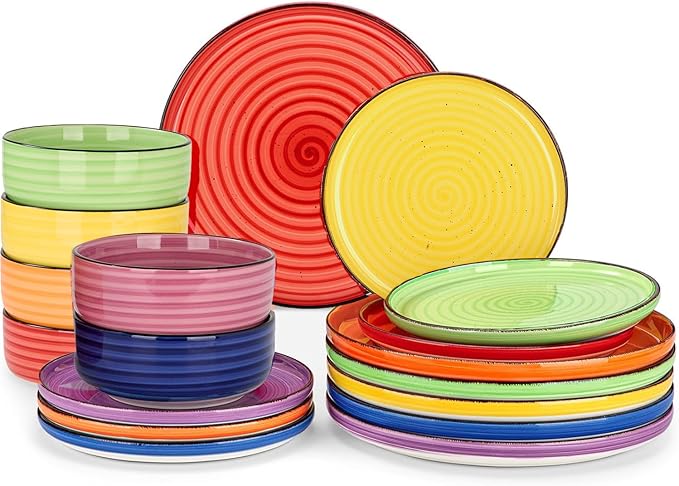 Bonita Dinnerware Sets 18 Pieces Blue Stoneware Dishes Set for 6 Plates Set and Bowls Sets Dishwasher and Microwave Safe (Vibrant 18 large)