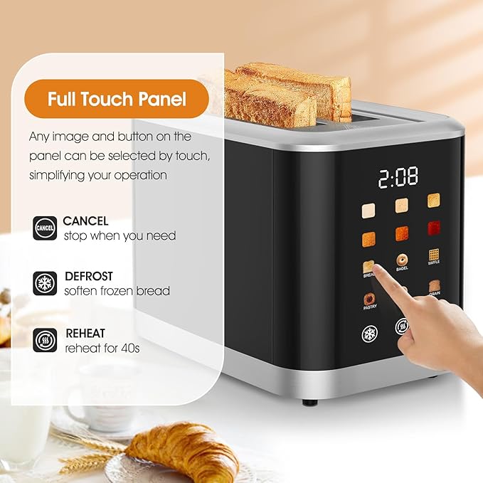 Touch screen Toaster 2 Slice Digital Timer Toasters with 6 Bread Types &amp 6 Shade Settings Smart Extra Wide Slots Toaster with Bagel Defrost Reheat Cancel Function