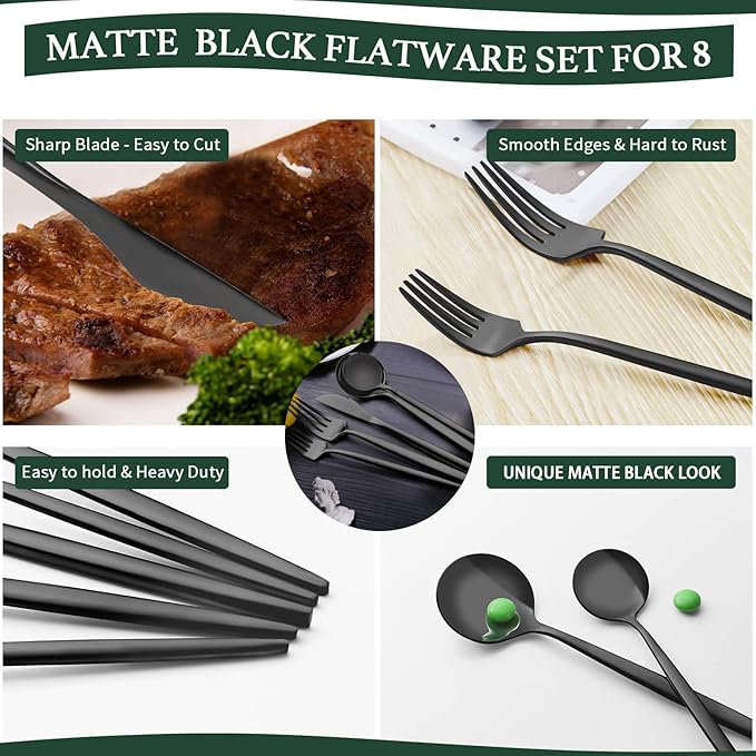 40-Piece Matte Black Silverware Set for 8 CEKEE Stainless Steel Flatware Cutlery Set Cutlery Kitchen Utensils Set for Home Restaurant Apartment Include Knife Forks and Spoons Silverware Set