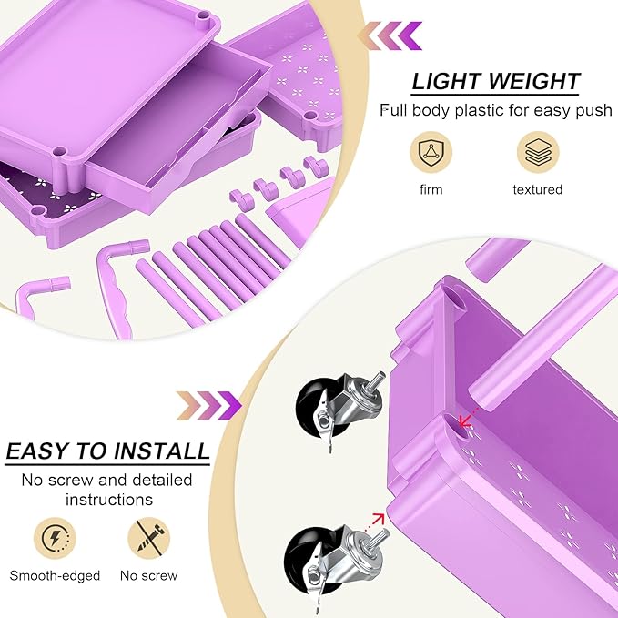 Goovilla 3 Tier Rolling Utility Cart Organizer with Removable Drawer Stable and Sturdy Purple Rolling Storage Carts with 2 Lockable Wheels for Bathroom Kitchen Snack Craft Makeup Baby Essentials