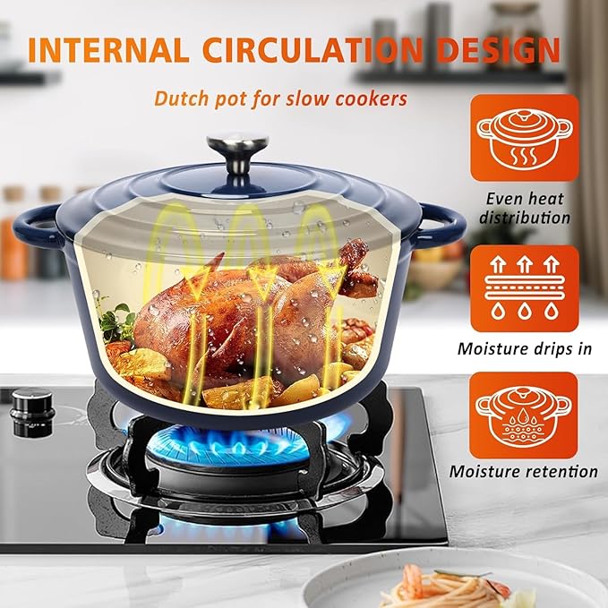Hisencn Enameled Cast Iron Cookware Set - 7 Piece Dutch Ovens Set Sauce Pan Skillet 3 Lids Pots and Pans Set Ceramic Coated Cast Iron Heavy Duty Gas/Induction Compatible PFA Free