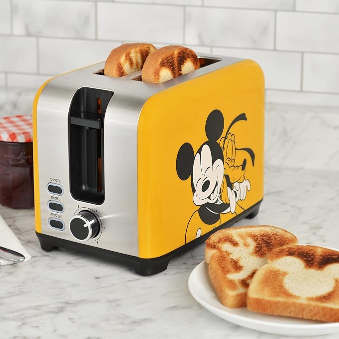 Disney Mickey &amp Pluto 2-Slice Toaster by Select Brands - Fast Toaster with Wide Slots Toast Lift &amp Crumb Tray - Kitchen Essential for Sandwich Bread Breakfast &amp Bagels