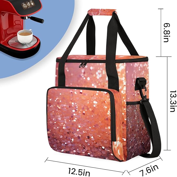 Glitter Coffee Maker Carrying Bag Rose Red Portable Travel Storage Tote Bag Compatible with K-Mini or K-Mini Plus Single Serve Coffee Brewer Carrying Case with Multiple Pockets &amp Shoulder Strap
