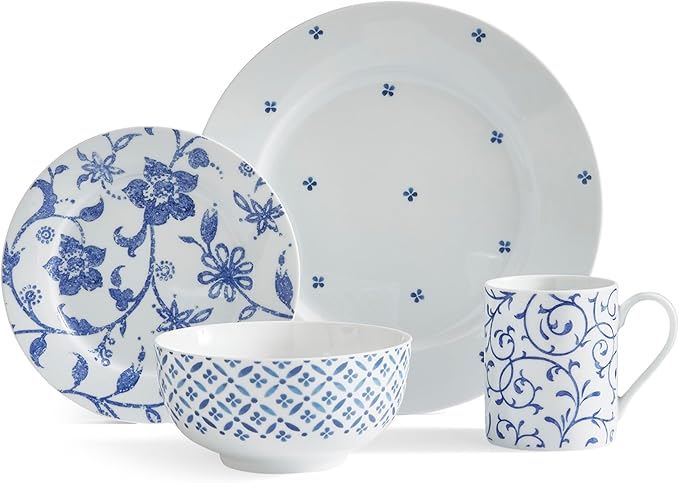 Portmeirion Home Collection 16 Piece Dinnerware Set - Blue Indigo Mix &amp Match Designs Porcelain Dinner Plates Salad Plates Bowls &amp Mugs - Microwave Dishwasher &amp Oven Safe Modern Table