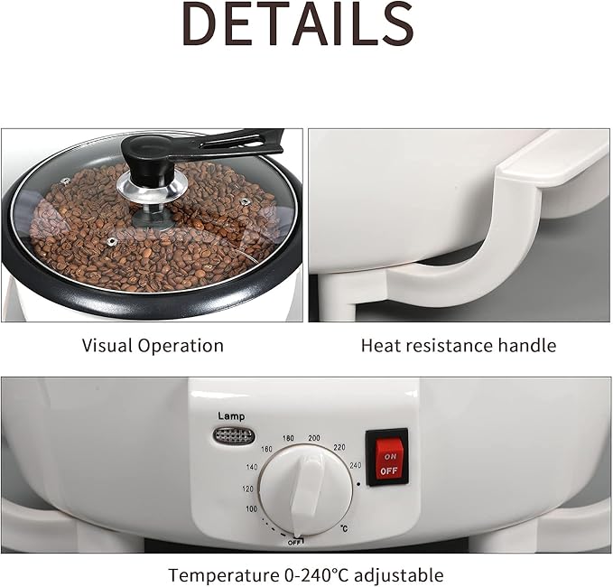 Coffee Roaster Machine for Home Use 800g Capacity Electric Coffee Bean Roaster Machine with Timer 0-240℃ Non-Stick for Cafe Shop Nut Peanut Black Bean Soybeans 110V 1200W