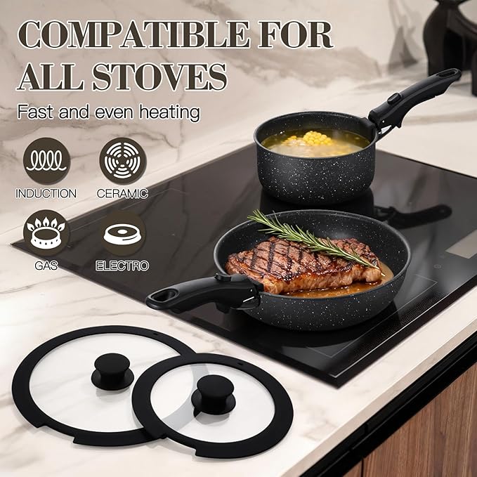 Vesteel 12Pcs Pots and Pans Set Nonstick Cookware Set with Detachable Handle and Egg Frying Pan Stackable RV Kitchen Cooking Utensils Set Black