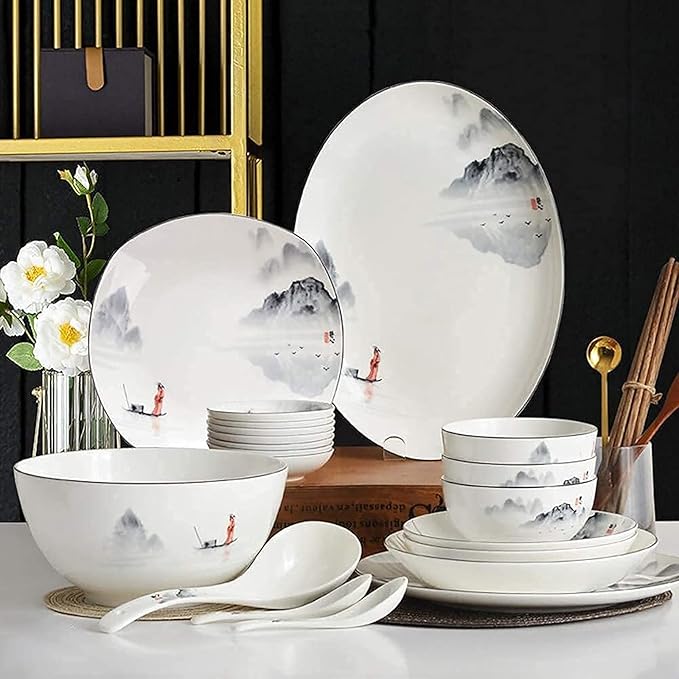 Dinnerware Sets for 4/6/12Black and White Plates Bowls SetChinese Dinner SetDish Set/tableware Ancient Ink Painting Design-for HomeKitchen Dinning35 Pieces