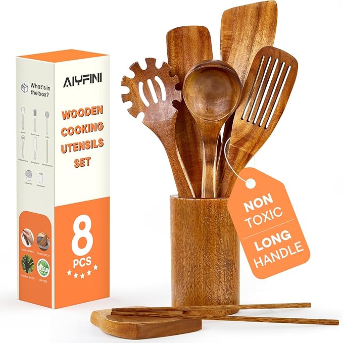 Non-Toxic Wooden Utensils for Cooking - Natural Acacia &amp Glue-Free15.4 Large Spatula Set Long Handle for Scald-Resistant Wood Kitchen Spoons/Chopsticks/Holder for Non Stick Frying Pans by ALY