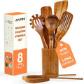 Non-Toxic Wooden Utensils for Cooking - Natural Acacia &amp Glue-Free15.4 Large Spatula Set Long Handle for Scald-Resistant Wood Kitchen Spoons/Chopsticks/Holder for Non Stick Frying Pans by ALY