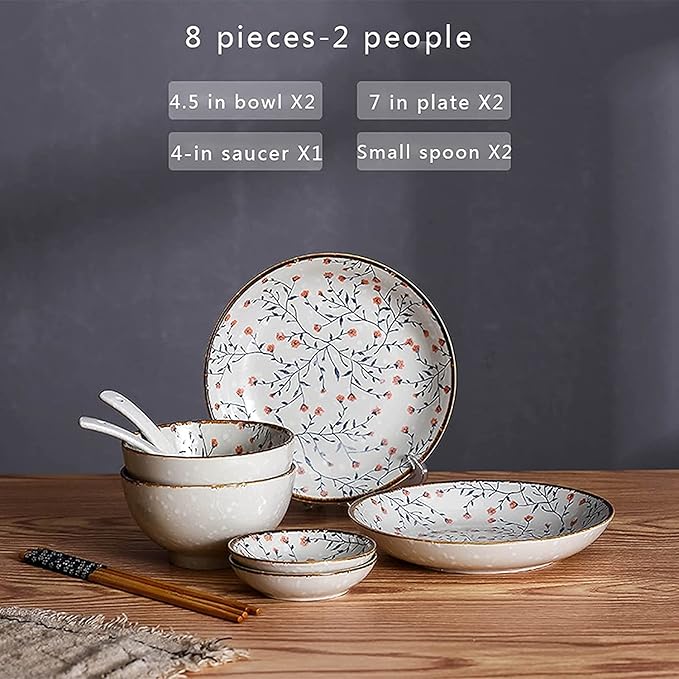 Elegant Dinnerware Set Dinner Plates Bowls Set 8-Pieces Retro Ceramic Dinnerware Set Service For 2 Dinner Rice Bowls Salad Plates Set Dishes Table Service Of Snack Sal