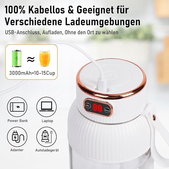 Portable Blender with Digital Display BPA-Free Personal Smoothie Maker Multifunctional Small Travel Blender Rechargeable Travel Juicer Cup for Shakes Office Gym and Outdoor Use