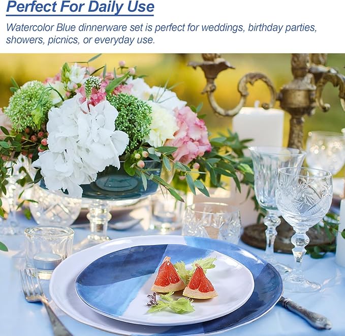 Webbylee Melamine Dinnerware Set for 4-12pcs Melamine Plates and Bowls Set for Indoor/Outdoor Use Scratch-Resistant Dish SetLightweight&ampDishwasher Safe Blue Dinnerware