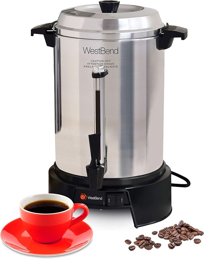 West Bend Commercial Coffee Urn Highly-Polished Aluminum Features Automatic Temperature Control Large Capacity with Quick Brewing Smooth Prep and Easy Clean Up NSF Approved 55-Cup Silver