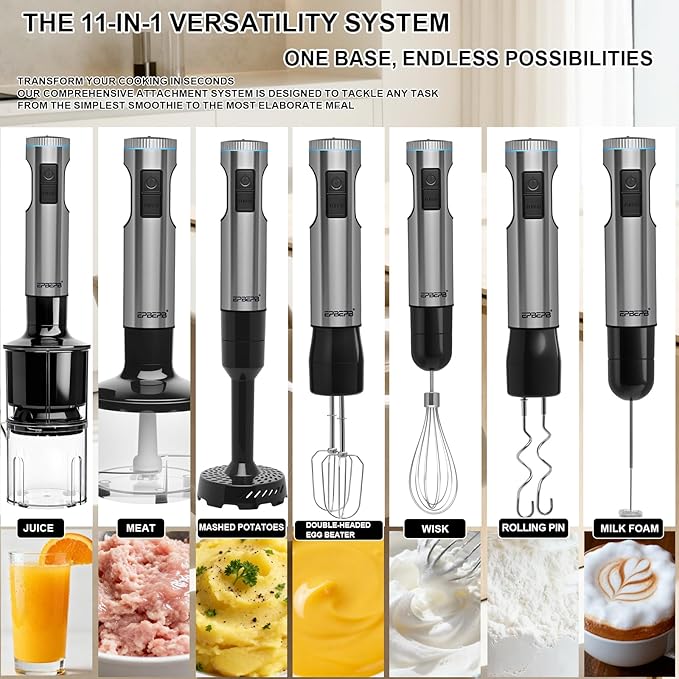 Handheld Immersion Blender Bundle 1000W Powerful 11-in-1 Set for SmoothiesOrange JuicerMinced meatMilk frotherEgg Beater Dough Hook Vegetable Chopper Potato Masher