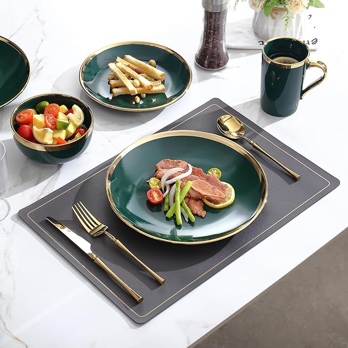 Modern 16 Piece Porcelain Green and Gold Dinnerware Set Stoneware Dinnerware Sets for 4 Plates and Bowls Sets Dish Set with Gold TrimDishes