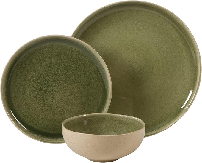 Gibson Elite Manila Bay 12-Piece Stoneware Dinnerware Set Service for 4 Reactive Glaze Modern Artisan Plates Bowls &amp Mugs Green Round Design