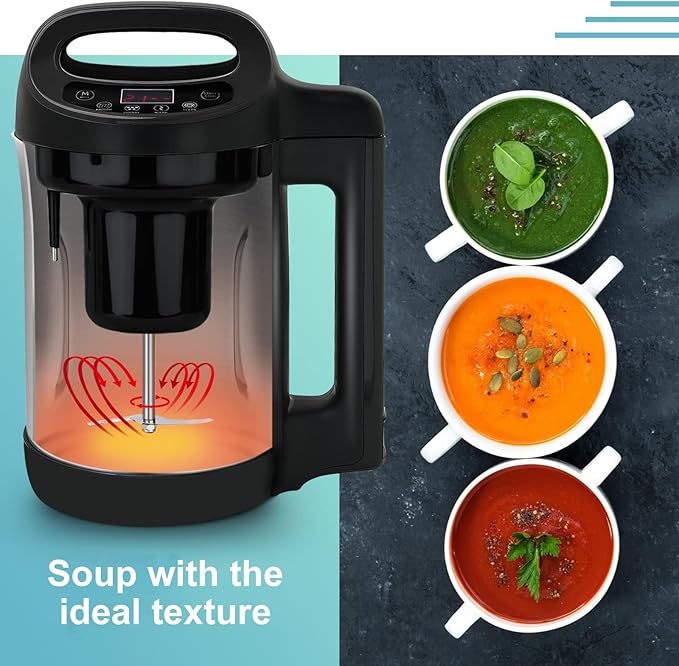 Soup Maker 1.6 L 4 in 1 Multi-Funcation Soup and Smoothie Maker with Smart Control Panel Stainless Hot Soup Maker Electric Makes 2-5 Servings Living for Home Use Black