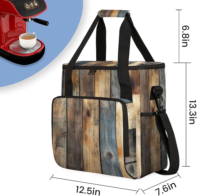 Rustic Wood Pattern Coffee Maker Travel Bag for Keurig K-Mini/K-Mini Plus Insulated Waterproof Tote with Pockets for K-Cup Portable Single-Serve Brewer Case