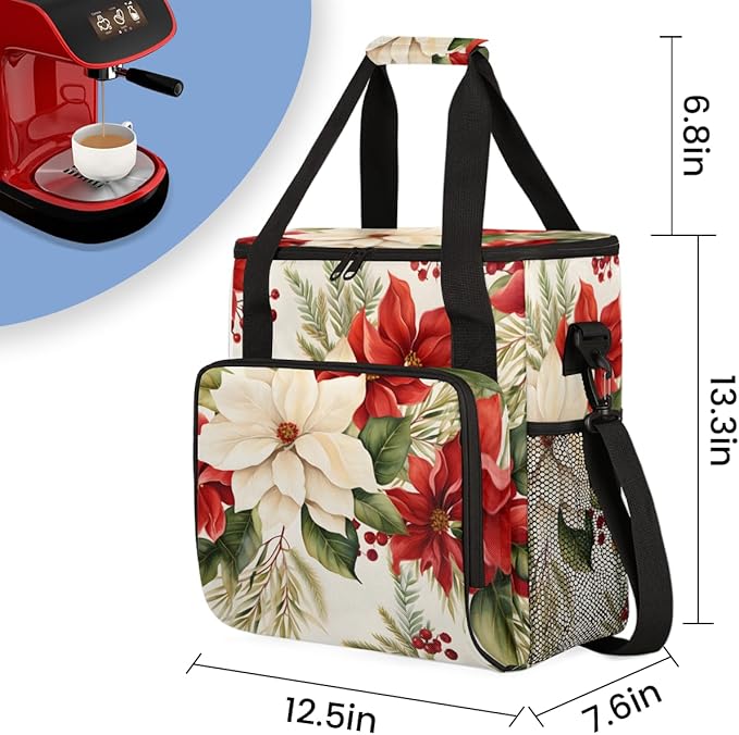 Colorful Flowers Coffee Maker Carrying Bag Holly Berry Flowers Travel Storage Bag Compatible with K-Mini or K-Mini Plus Single Serve Coffee Brewer Carrying Case with Pockets &amp Shoulder Strap