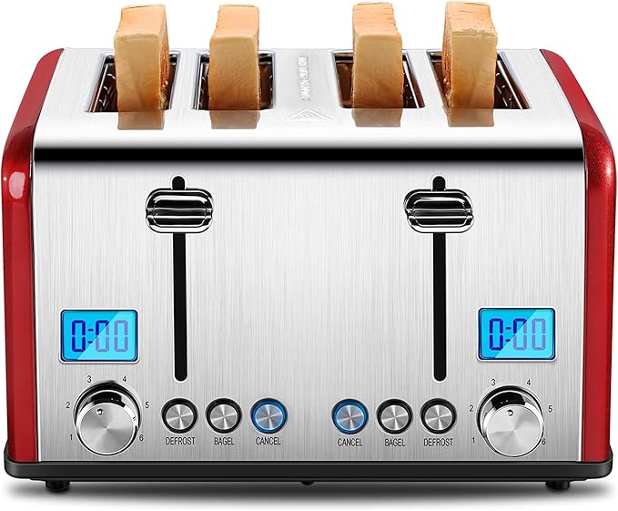 Roter Mond Countdown Stainless Steel 4 Slice Toaster with Bagel Defrost Cancel Function Dual Toaster Extra Wide Slots 6 Shade Settings Removable Crumb Trays 1650W Red