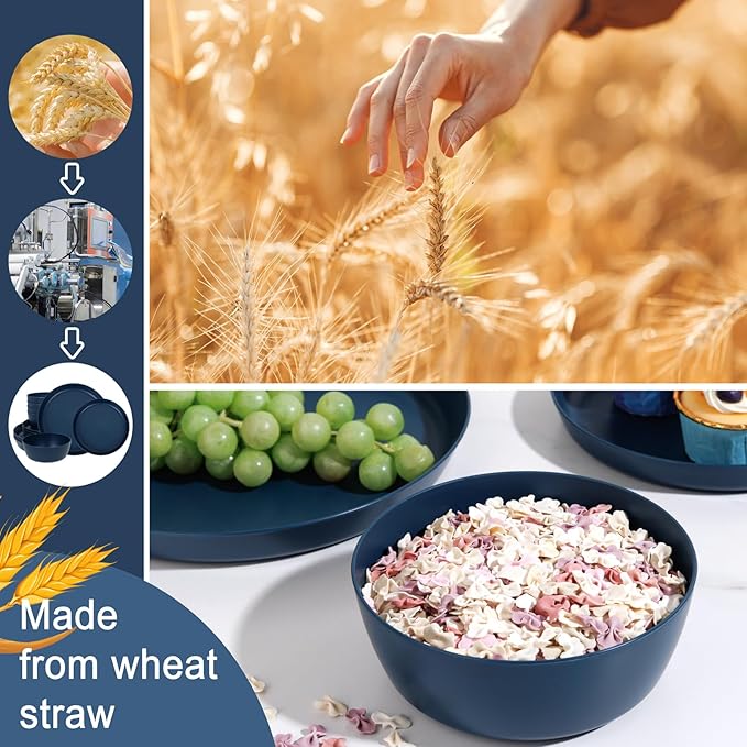 EI 12pcs Dark Blue Wheat Straw Dinnerware SetWheat Straw PlatesPlastic Plates ReusablePlate and Bowls SetsUnbreakable Plastic Plate for Dinner CampingPicnic