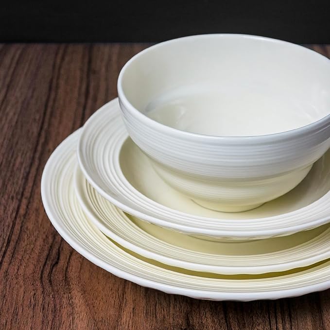 Dinnerware Set for 6 Modern Stoneware Dish Set 24-Piece Porcelain Plates and Bowls Set Ceramic Kitchen Dinner Set Service for 6 Microwave and Dishwasher Safe Lvory (24pcs lines)