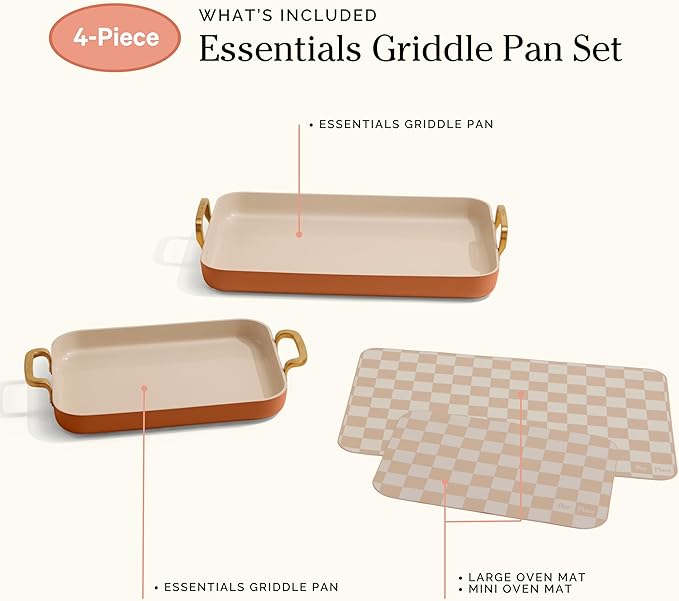 Our Place Essentials 4-Piece Griddle Pan Set | Nonstick Griddle Standard &amp Mini with Reusable Silicone Oven Mats | Thermakind™ PFAS-Free Nonstick Oven Safe Stovetop to Oven Versatility | Terraco