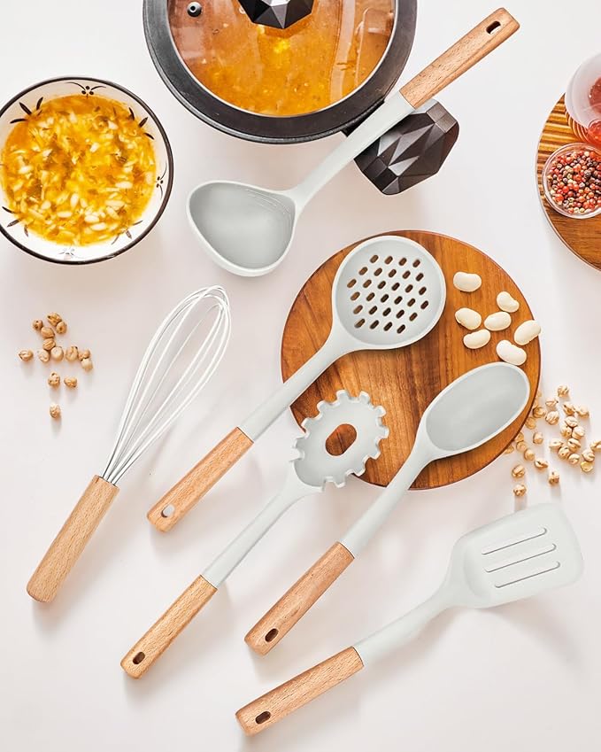 Kitchen Utensils Set 13PCS Silicone Cooking Utensils Heat Resistant Kitchen Utensil Spatula Set for Nonstick Cookware Wooden Handles Kitchen Gadgets Tools Set