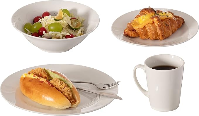48 PC Rimmed Dinnerware Set for 12 Person | Mugs Salad and Dinner Plates and Bowls Sets Dishes with Highly Chip and Crack Resistant Dishwasher and Microwave Safe White