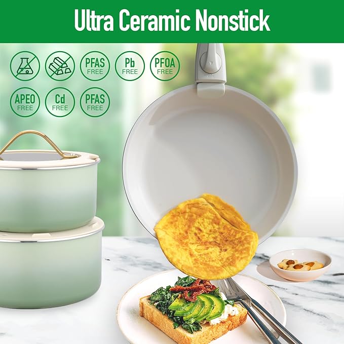 20pcs Ceramic Cookware Set Nonstick Detachable Handle Pots and Pans Set Non ToxicNo PFAS &amp PTFE &amp PFOA Dishwasher/Oven Safe RV Kitchen Set Removable Handle for Cooking Green