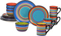 Misc Tequila Sunrise 16 Pieces Dinnerware Set Black Blue Orange Banded Bohemian Modern Contemporary Piece Dishwasher Safe Microwave