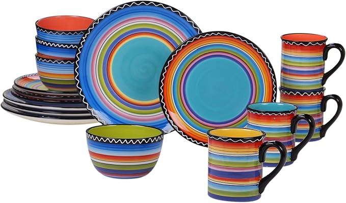 Misc Tequila Sunrise 16 Pieces Dinnerware Set Black Blue Orange Banded Bohemian Modern Contemporary Piece Dishwasher Safe Microwave